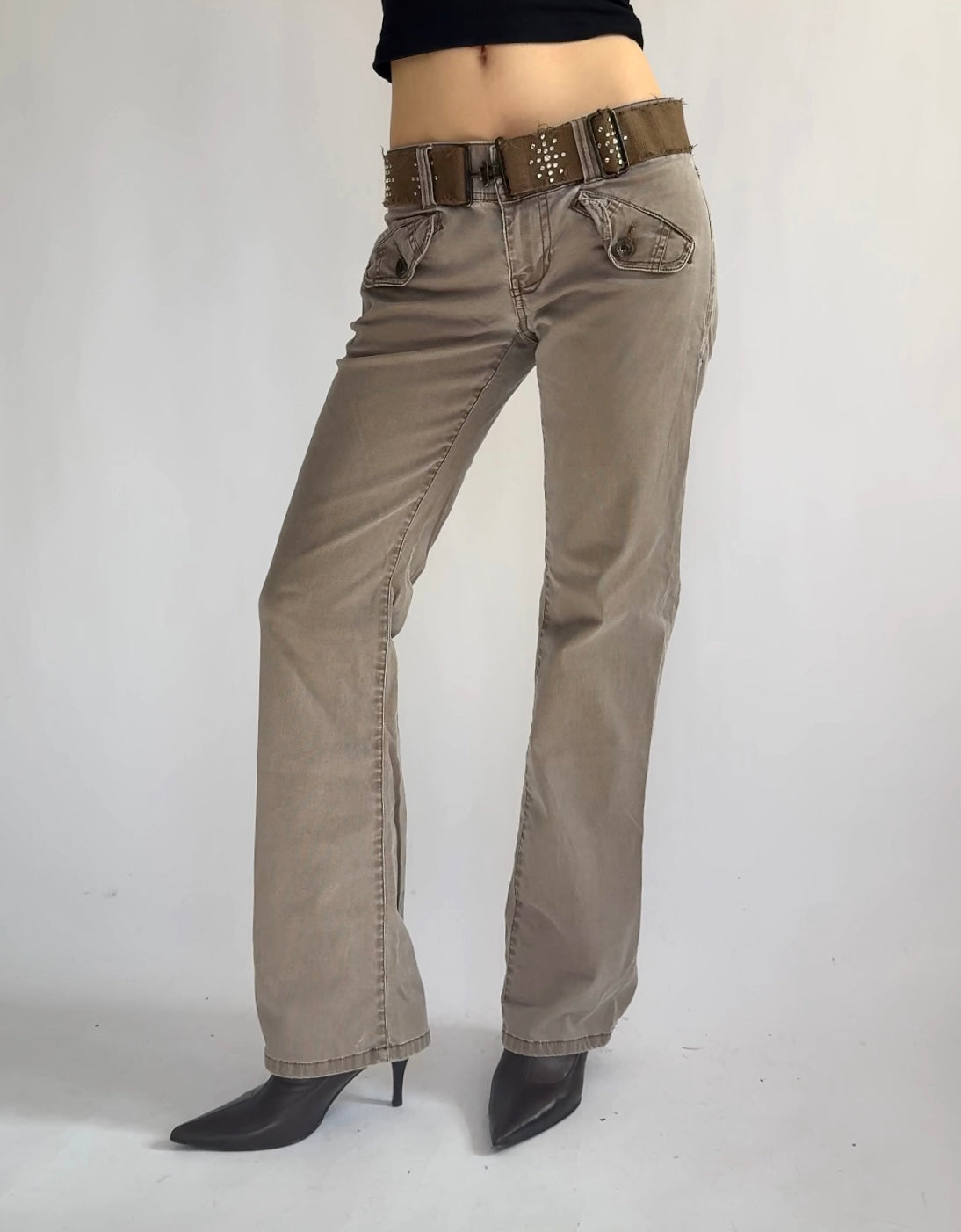 Y2K extra low rise belted straight leg cargos