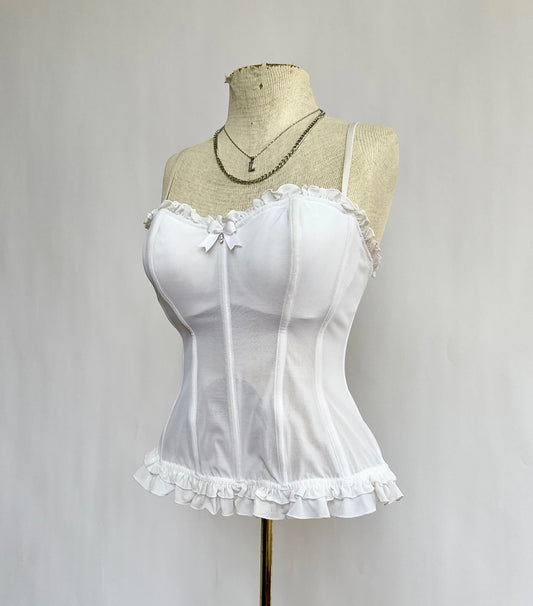 Y2K white corset top with ruffles