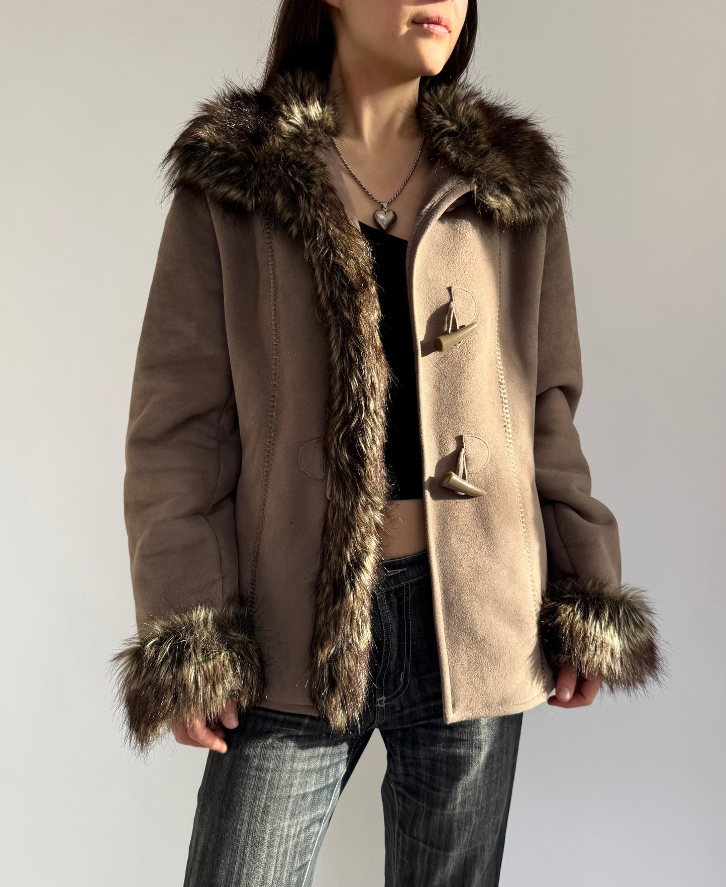Y2K faux fur lined jacket with toggle fastening