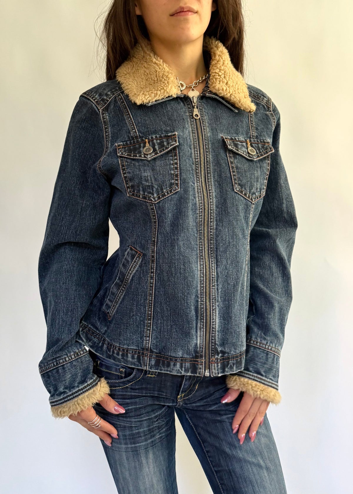 French Cuff Y2K Sherpa Collar Denim Jacket – Size M