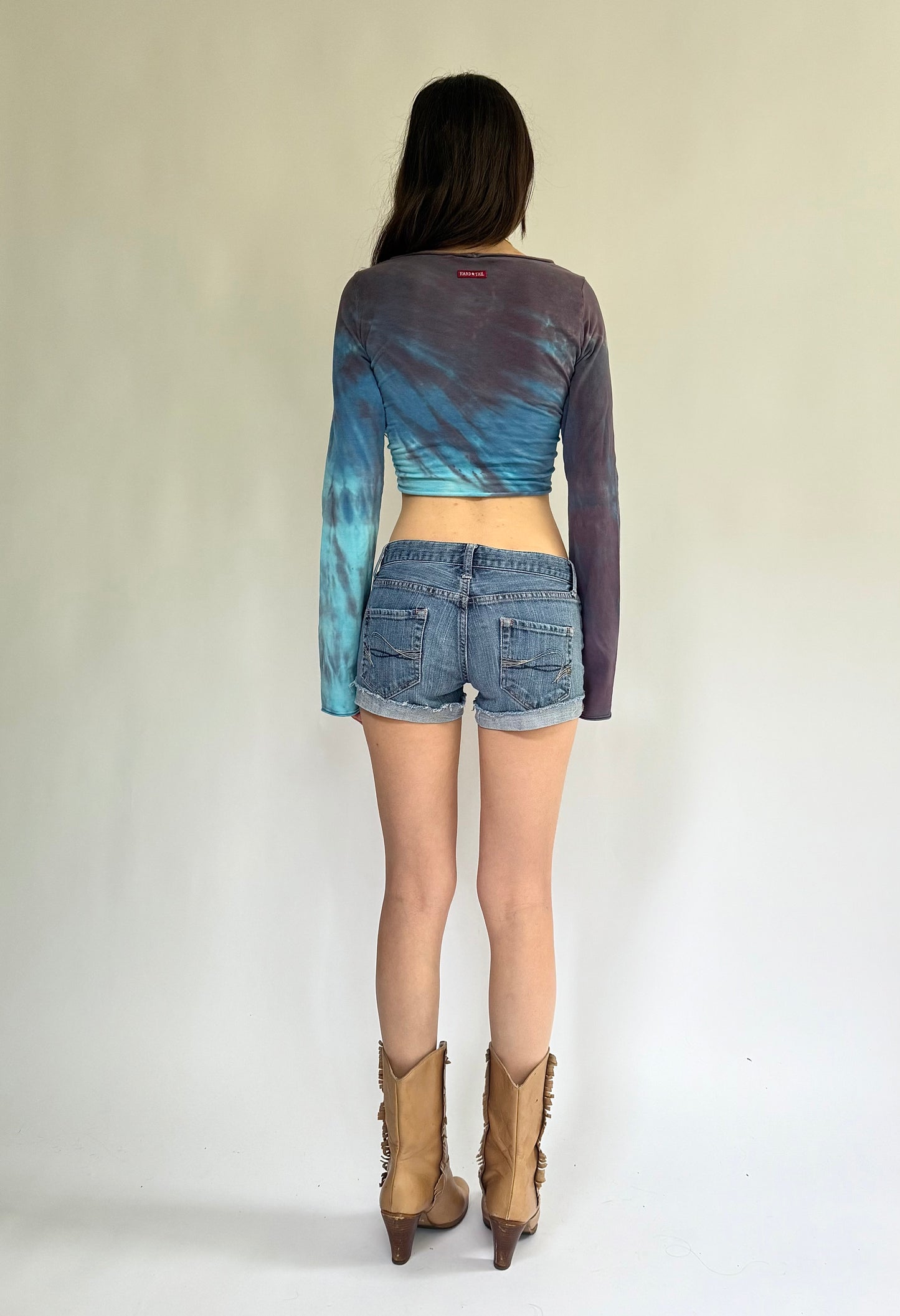 Y2K blue and purple tie-dye wrap top with long sleeves and tie front