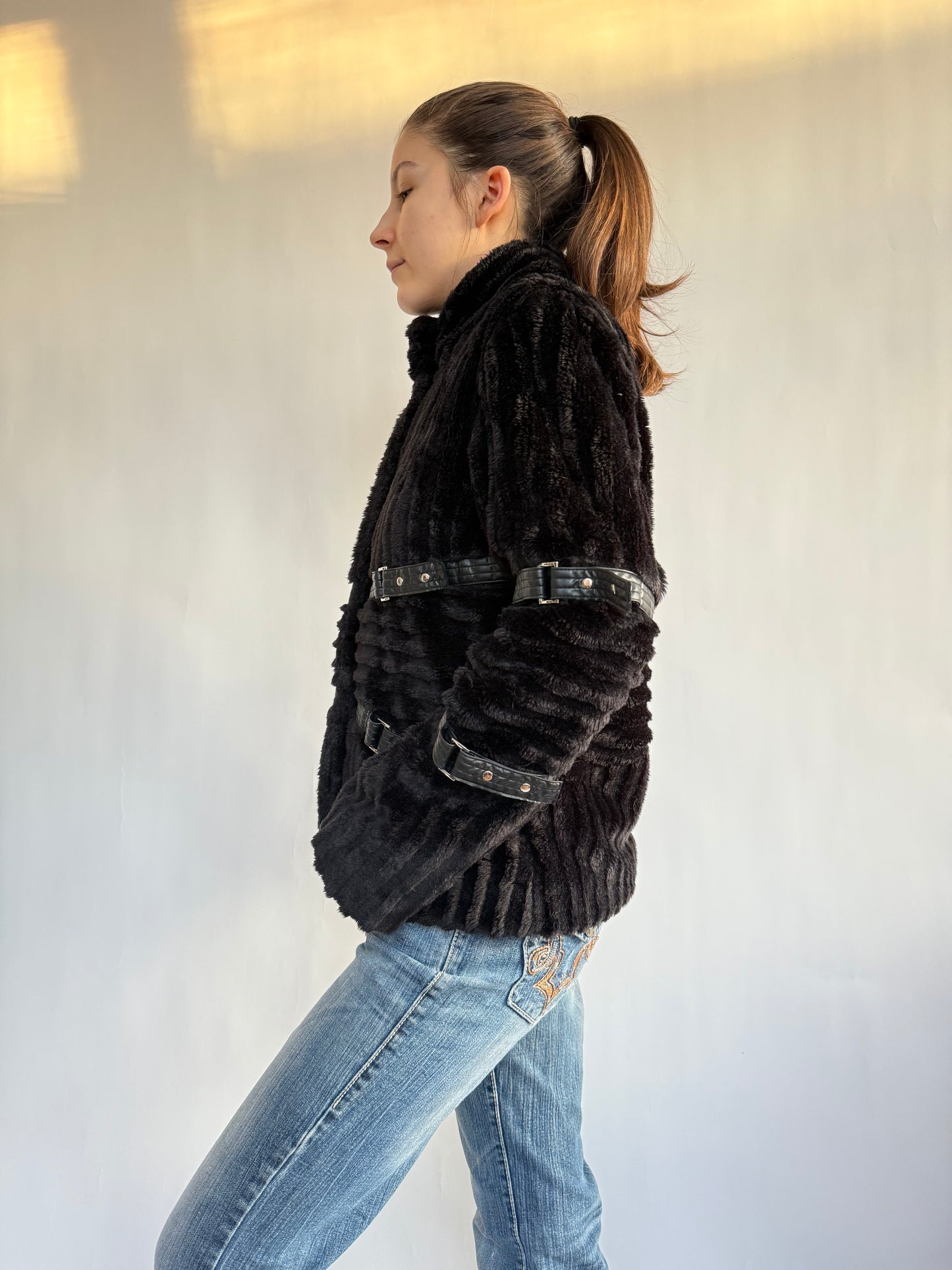 2000s faux fur jacket with buckle details