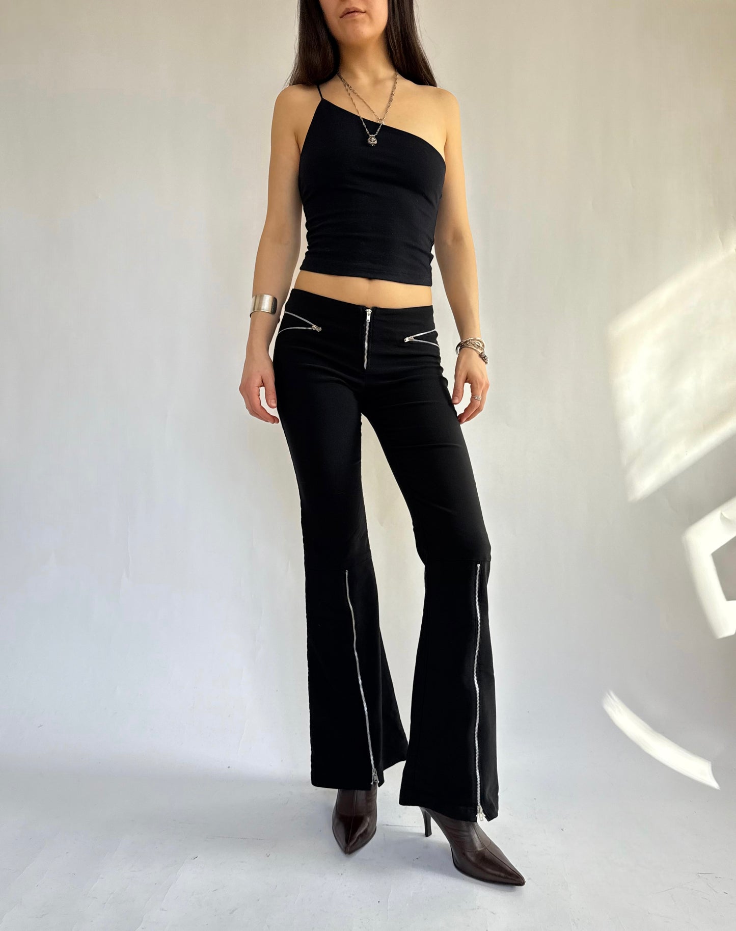 Y2K Black flared bootcut low rise trousers with silver zippers by XOTIC