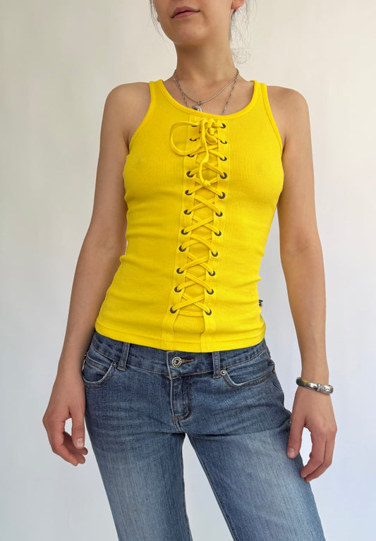 Y2K DEADSTOCK by AKADEMIKS Yellow lace up tank top