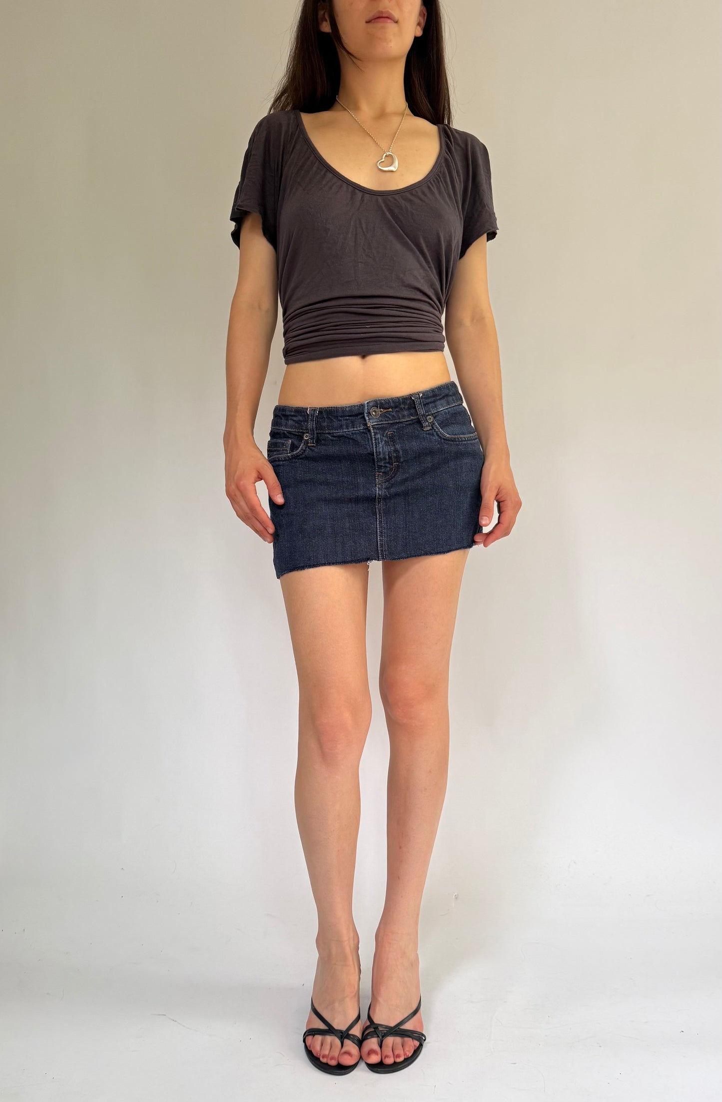 Y2K low rise dark wash denim mini skirt