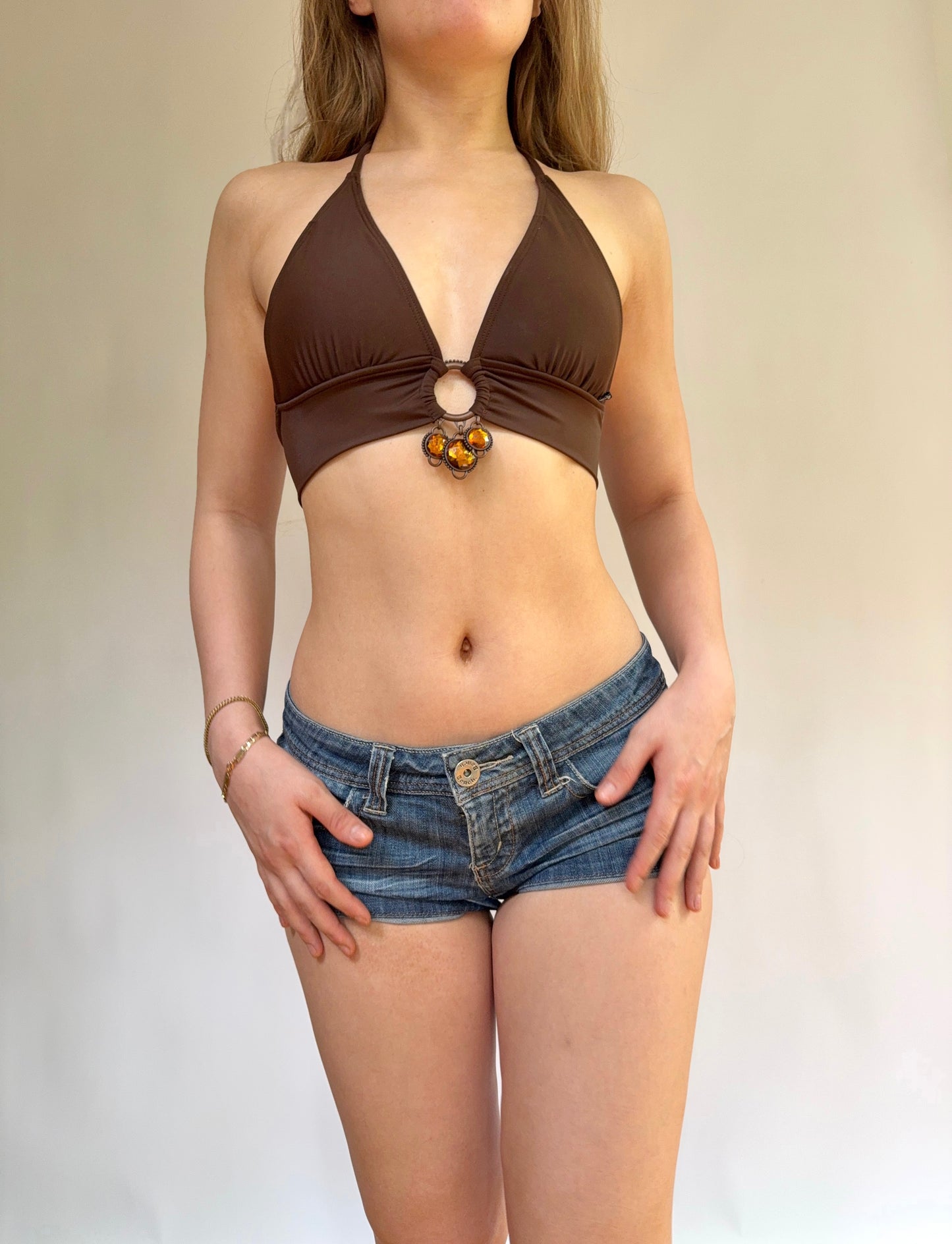 Y2K Brown halter bikini top with cute pendant