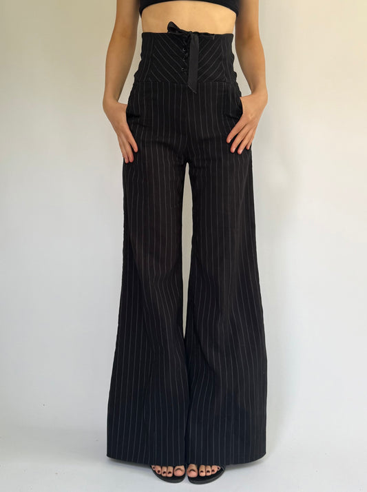 Y2K lace up flared pinstriped pants by le chateau vintage