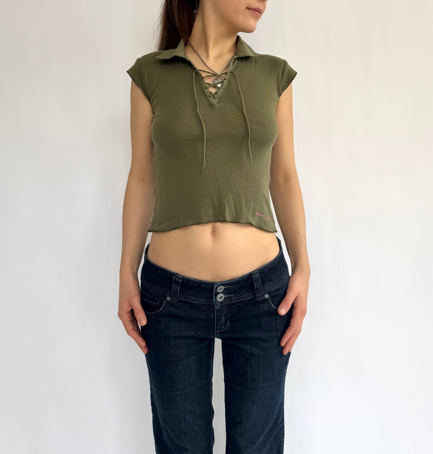 Y2K/2000s olive green cotton baby tee by DKNY