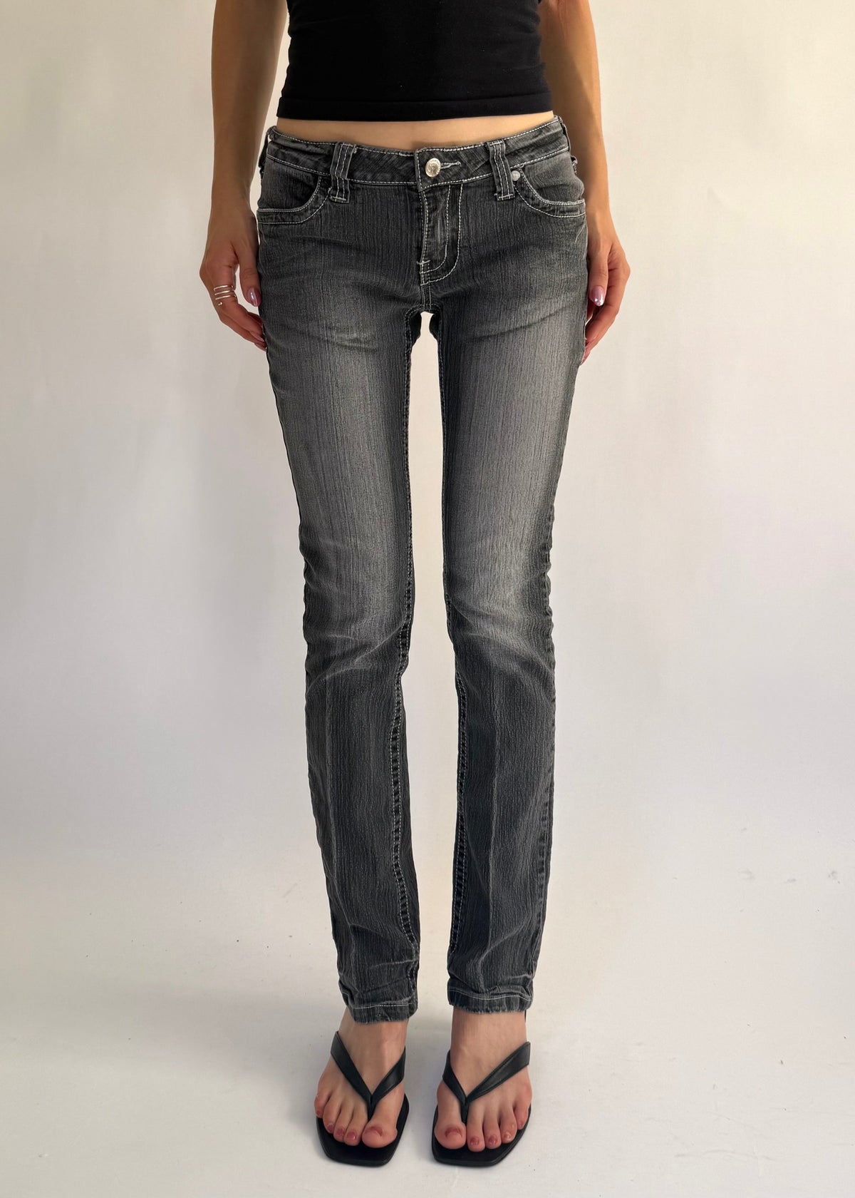 Early 2000s extra low rise gray skinny/straight leg jeans