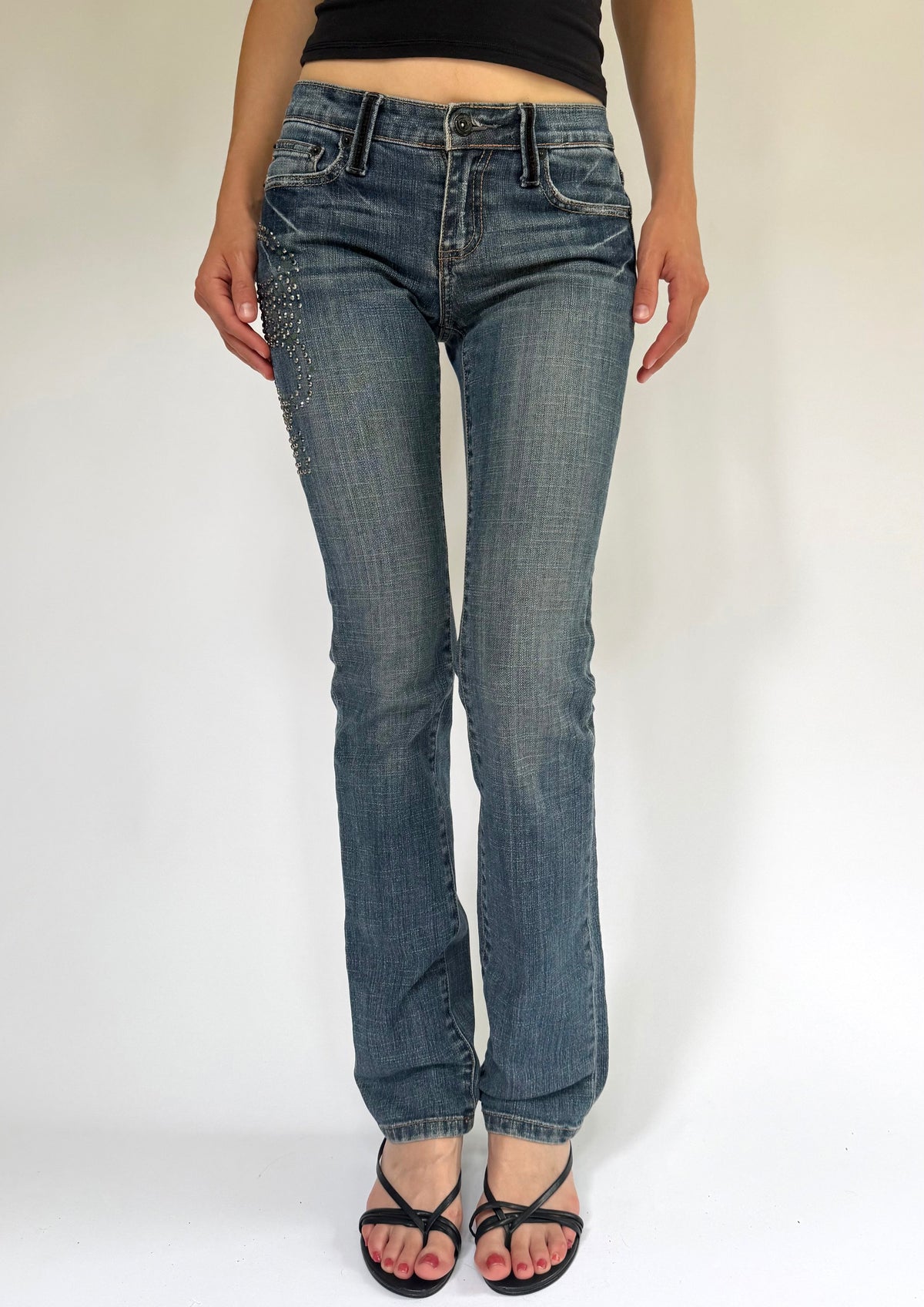 Y2K low rise straight jeans with rhinestone detailing