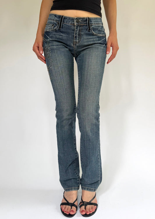 Y2K low rise straight jeans with rhinestone detailing