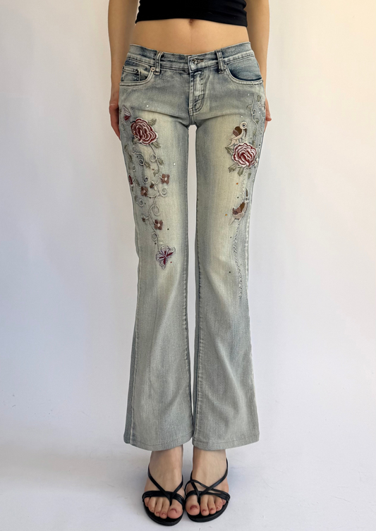 Y2K low rise flared embroidered pants