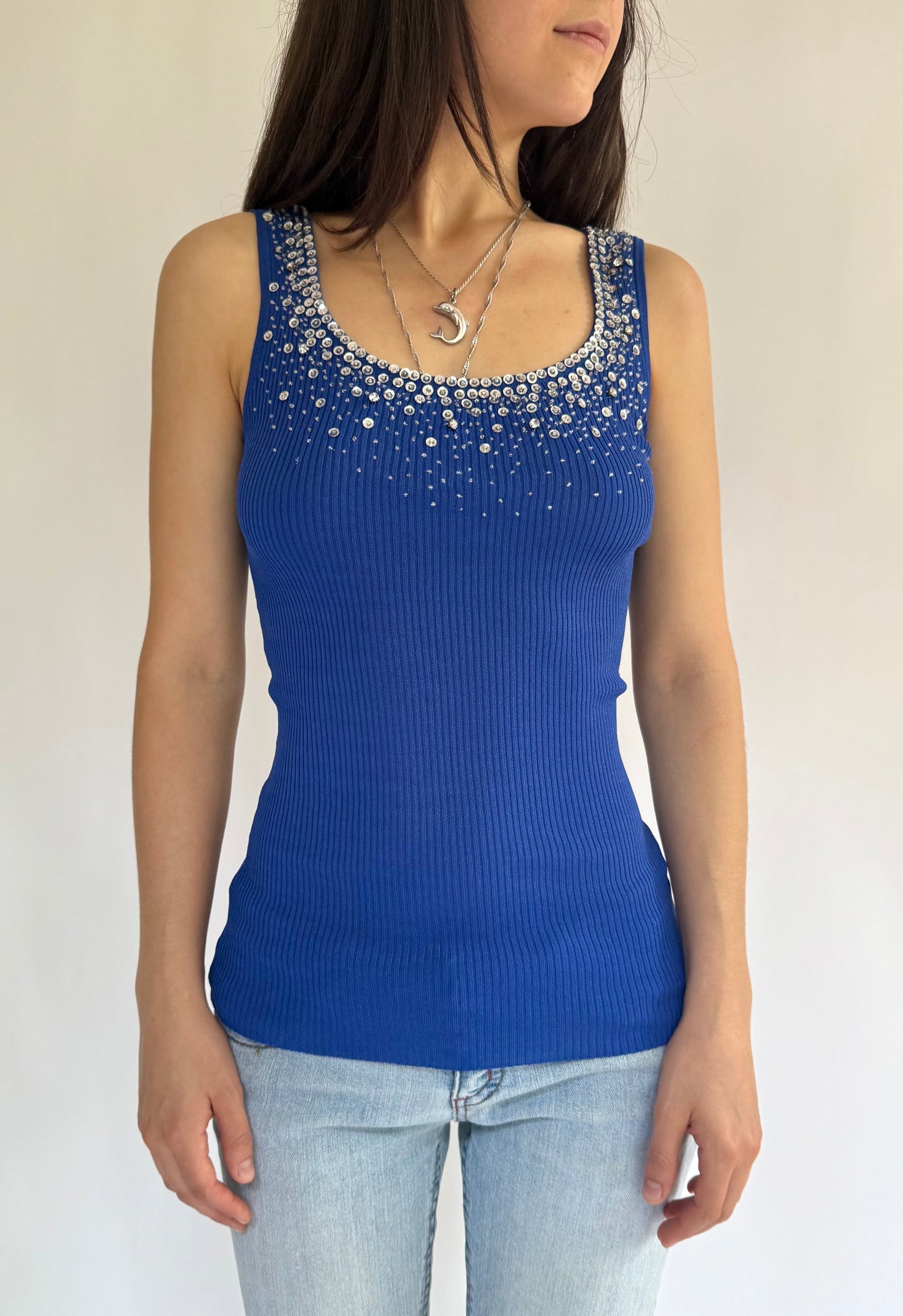 Y2k blue beaded neckline top