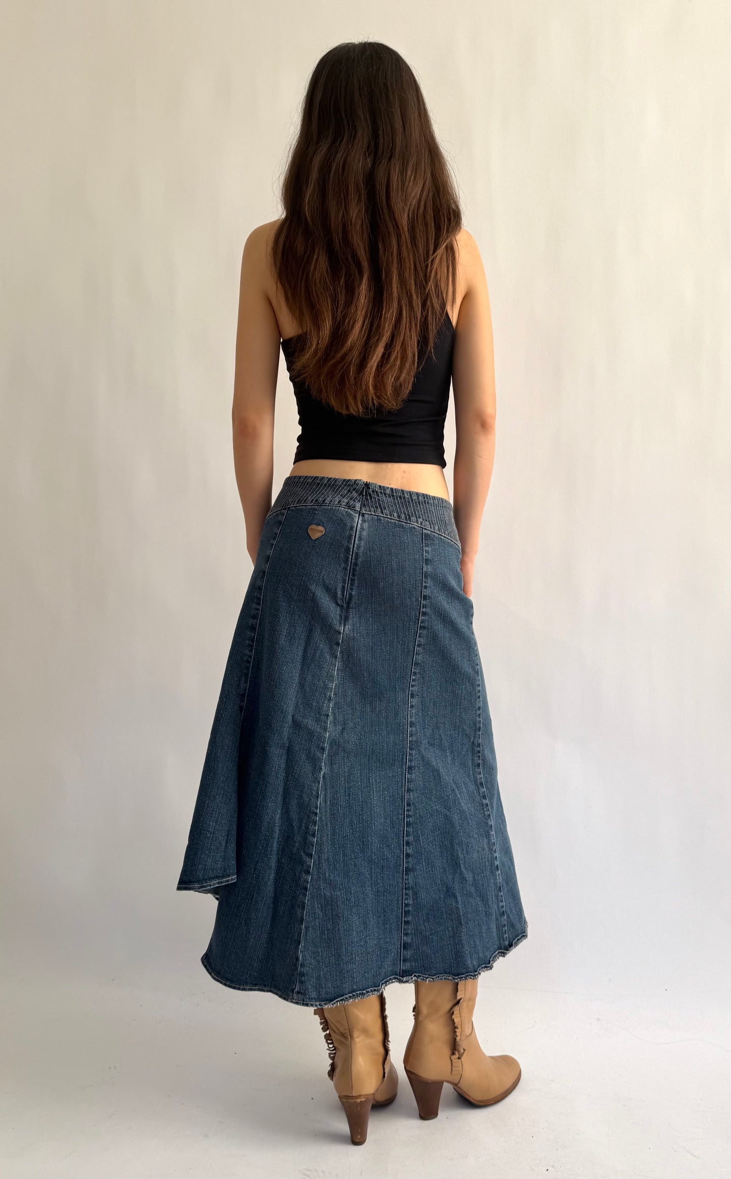 Y2K denim low rise maxi skirt with thick waist band detail by Simon Chang