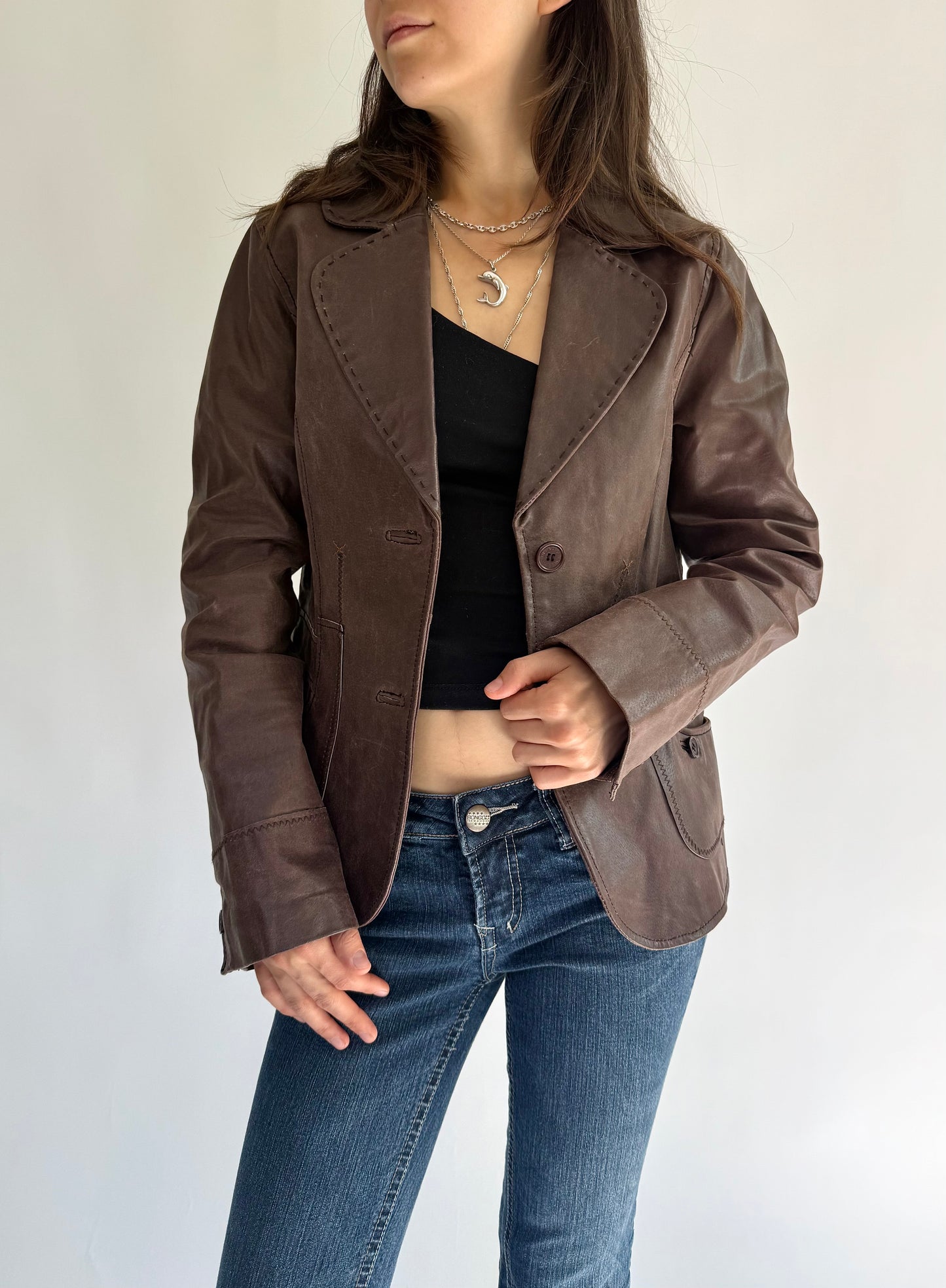 Vintage 90s brown genuine leather blazer jacket