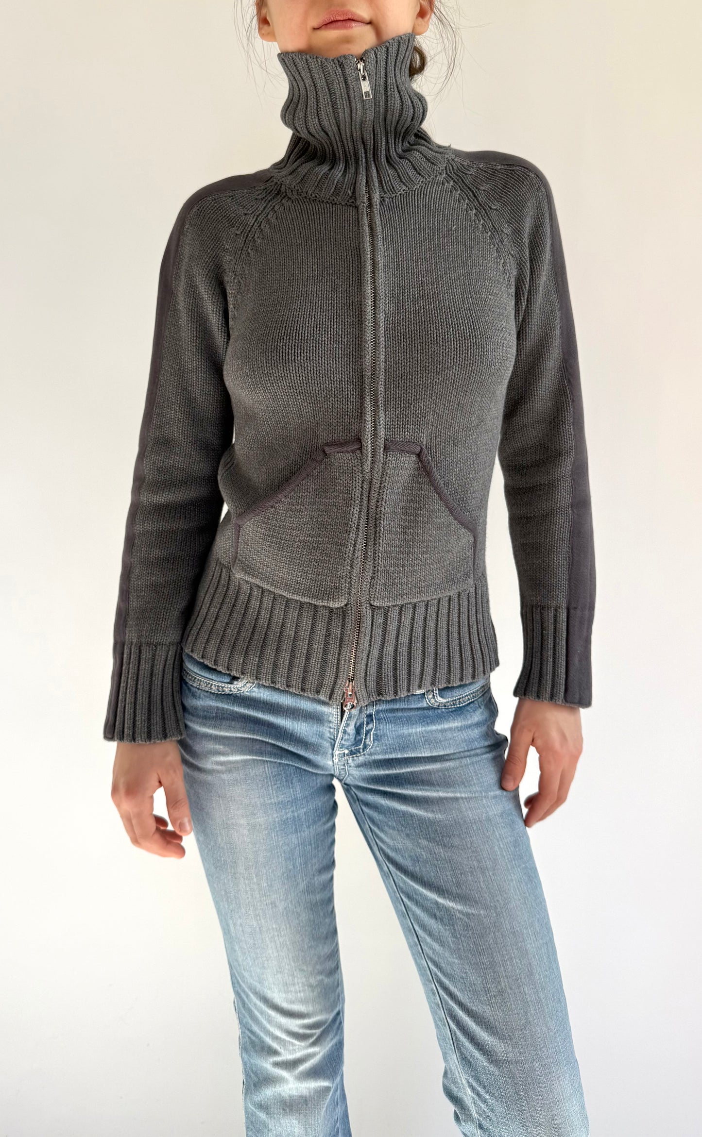 Y2K/2000s thick knit zip up sweater with high neck
