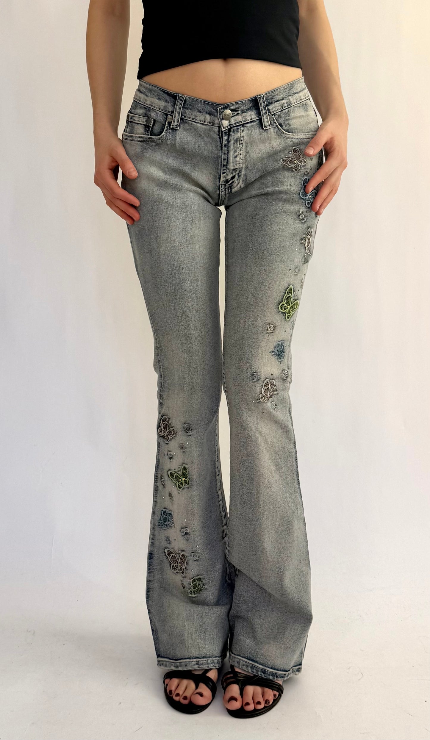 Y2K/2000s insane low rise flared butterfly patch jeans