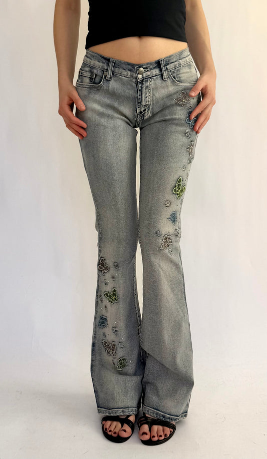 Y2K/2000s insane low rise flared butterfly patch jeans