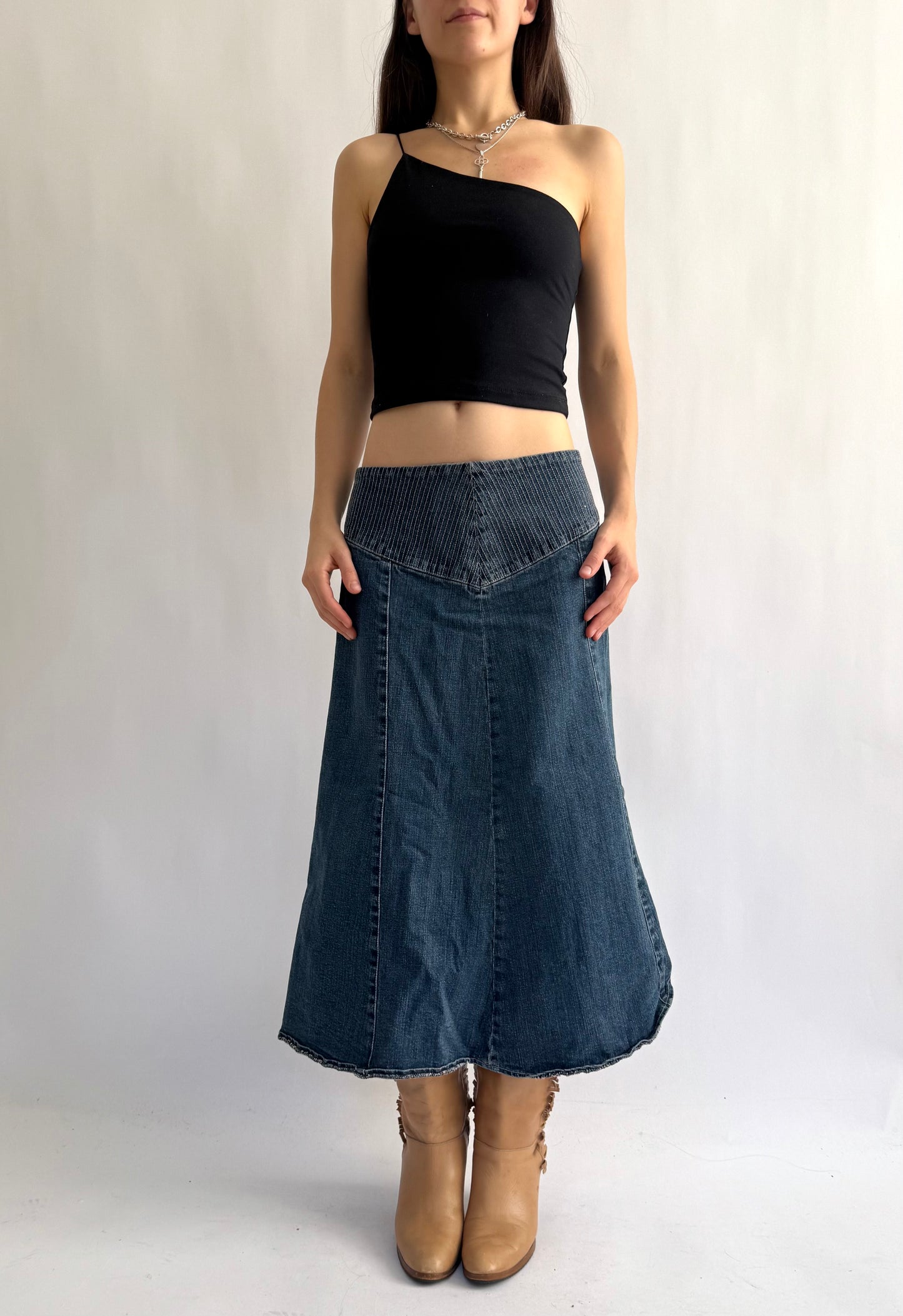 Y2K denim low rise maxi skirt with thick waist band detail by Simon Chang