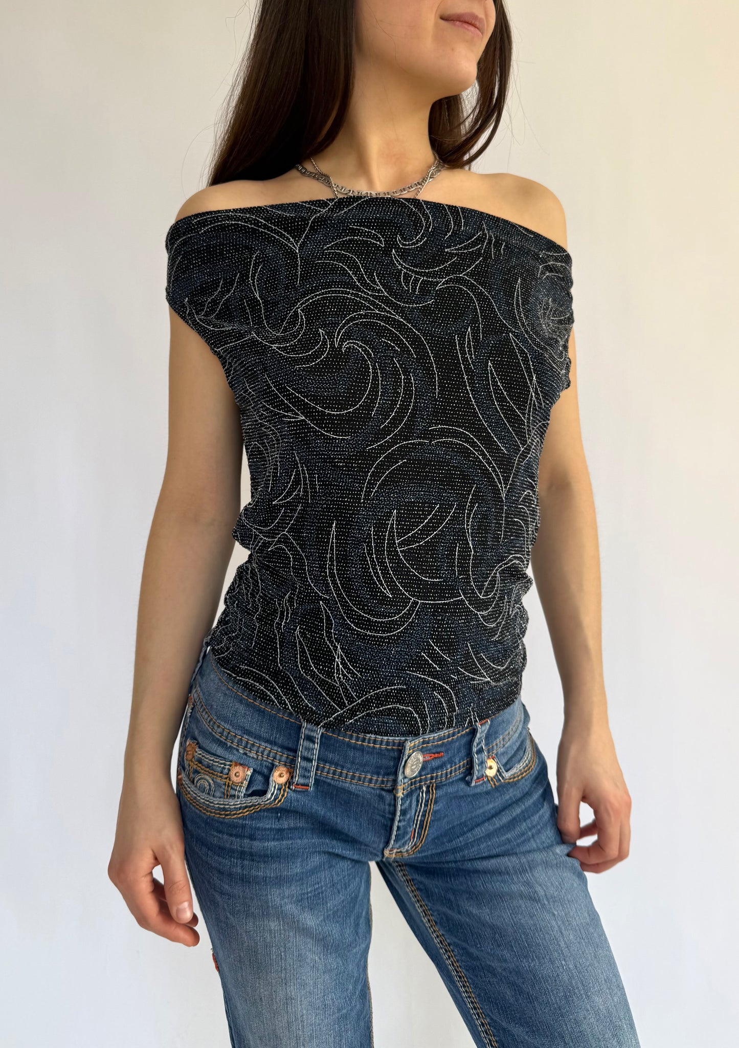Y2K on or off the shoulder top with silver and blue sequin design