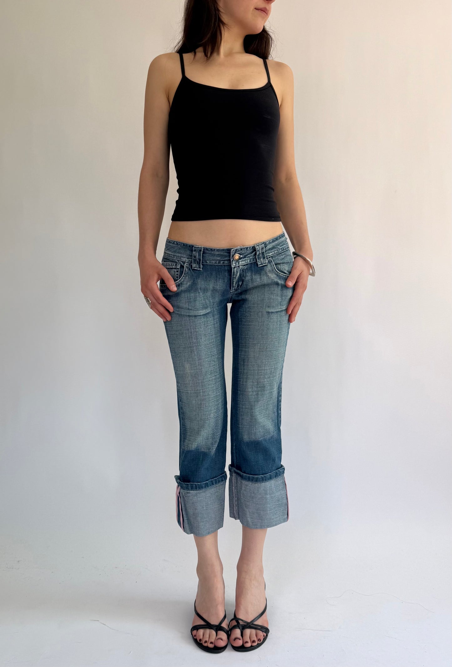 Y2K extra Low rise denim capris with baby pink embroidered back