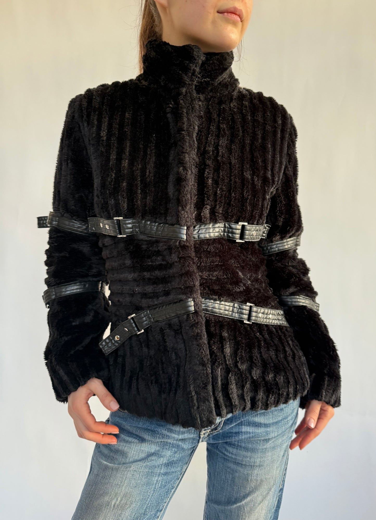 2000s faux fur jacket with buckle details