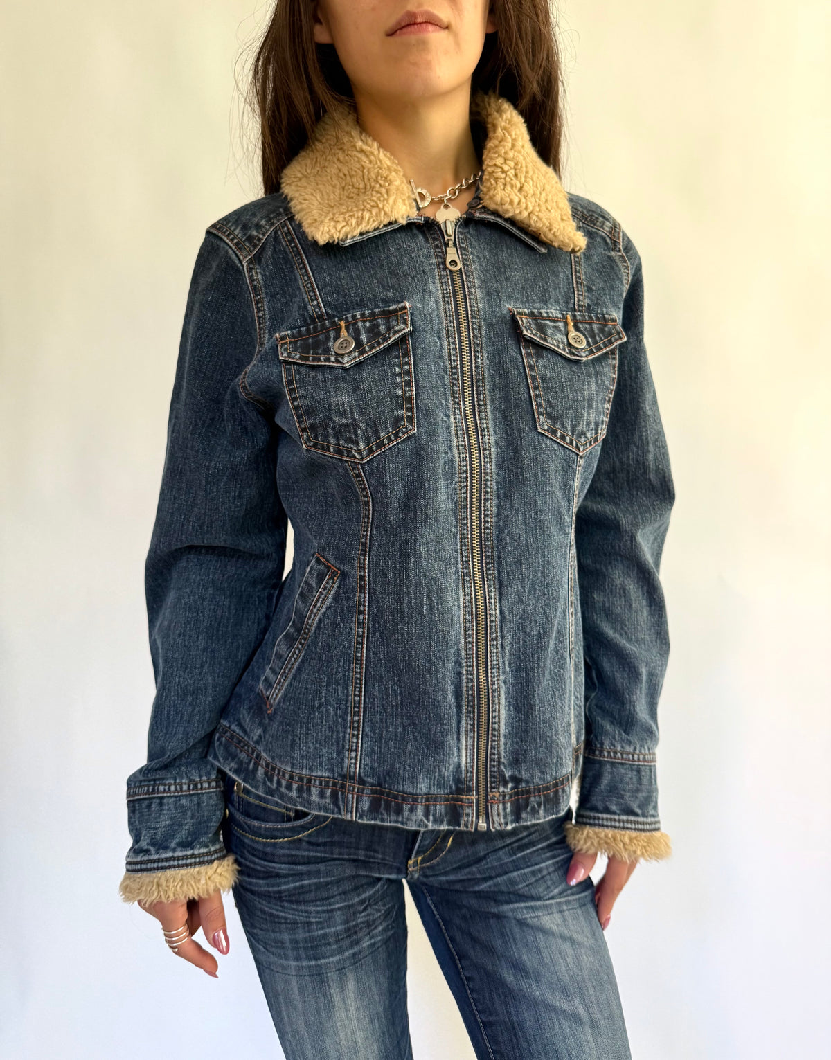 French Cuff Y2K Sherpa Collar Denim Jacket – Size M