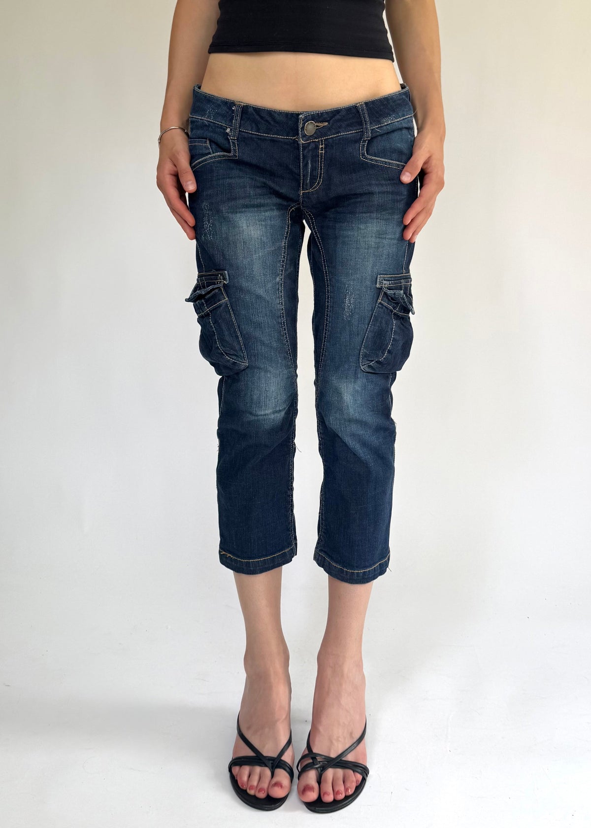 Y2K extra low rise denim capri cargo jeans
