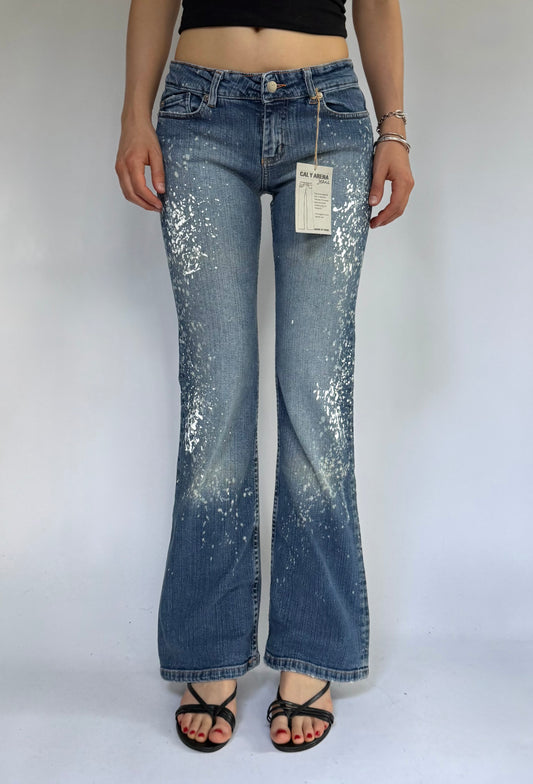 Y2K deadstock CALY ARENA low rise flared jeans with paint splatter and acid wash design