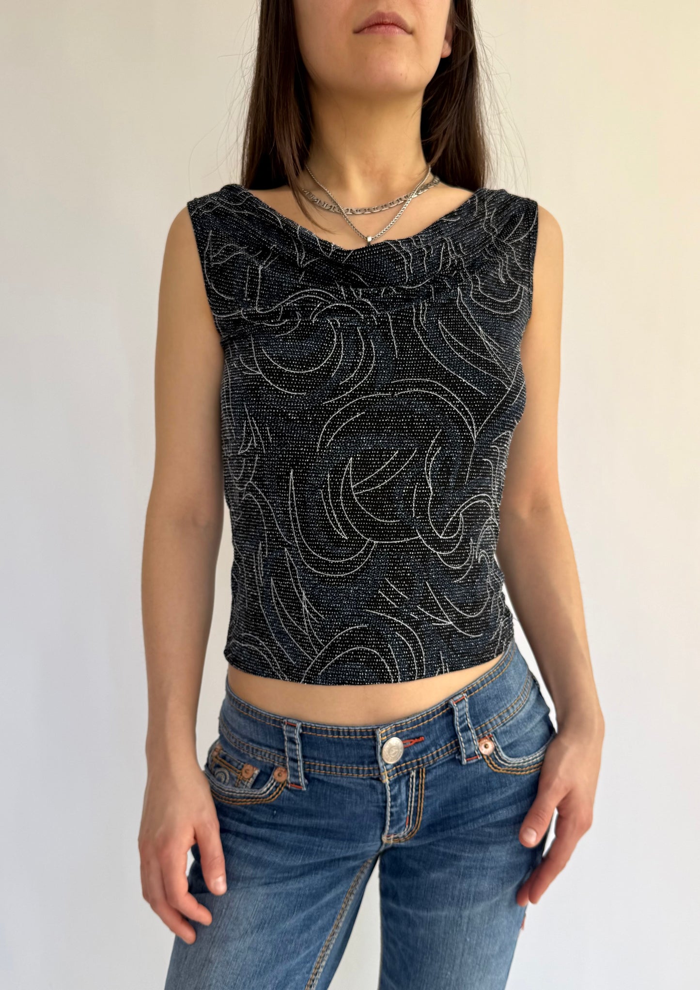 Y2K on or off the shoulder top with silver and blue sequin design