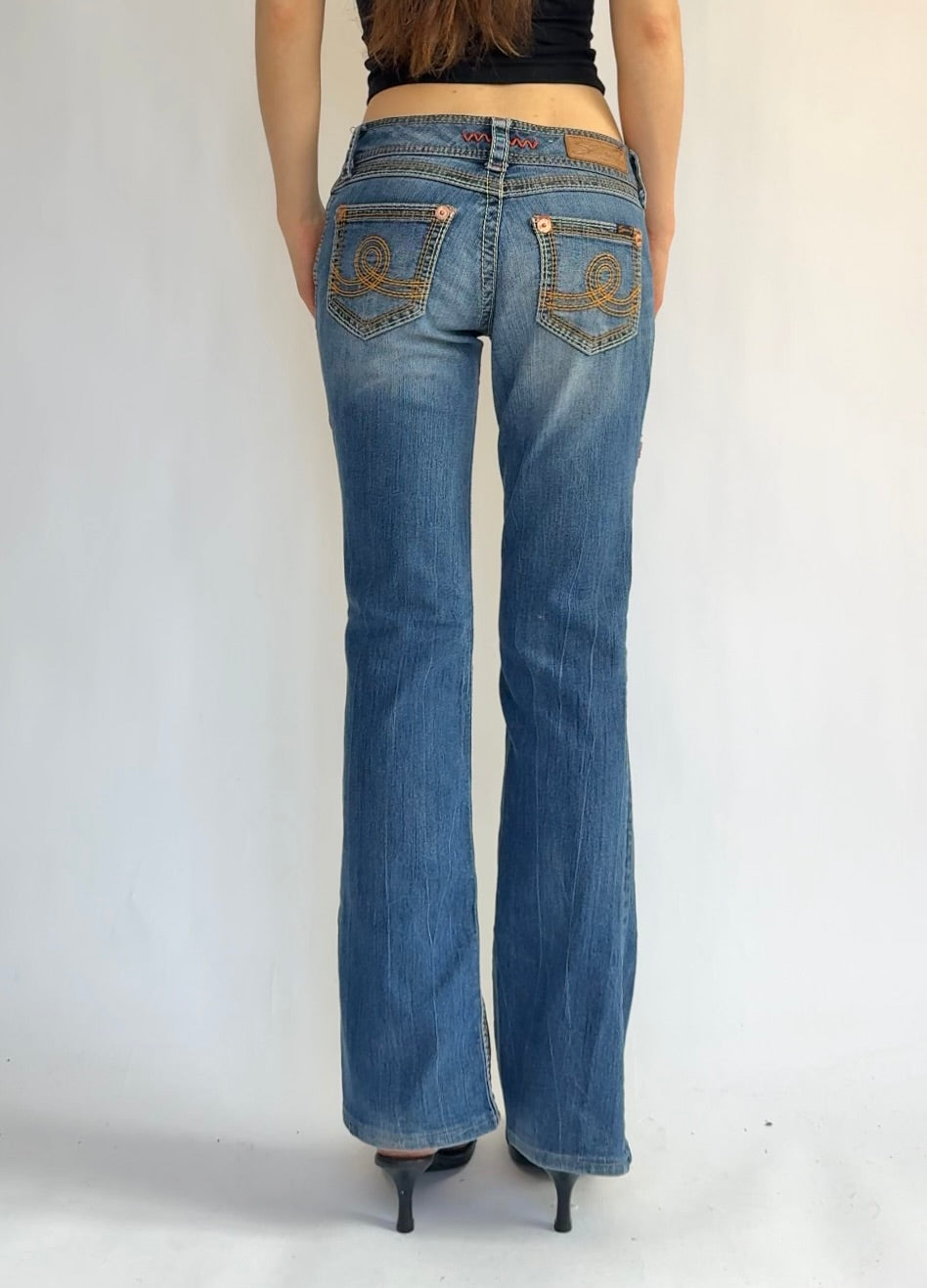 Y2K Low rise blue bootcut jeans with gold detailing