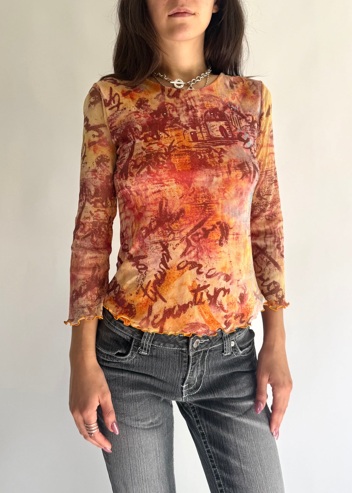 Y2K Orange graphic print mesh blouse with 3/4 sleeves and gems