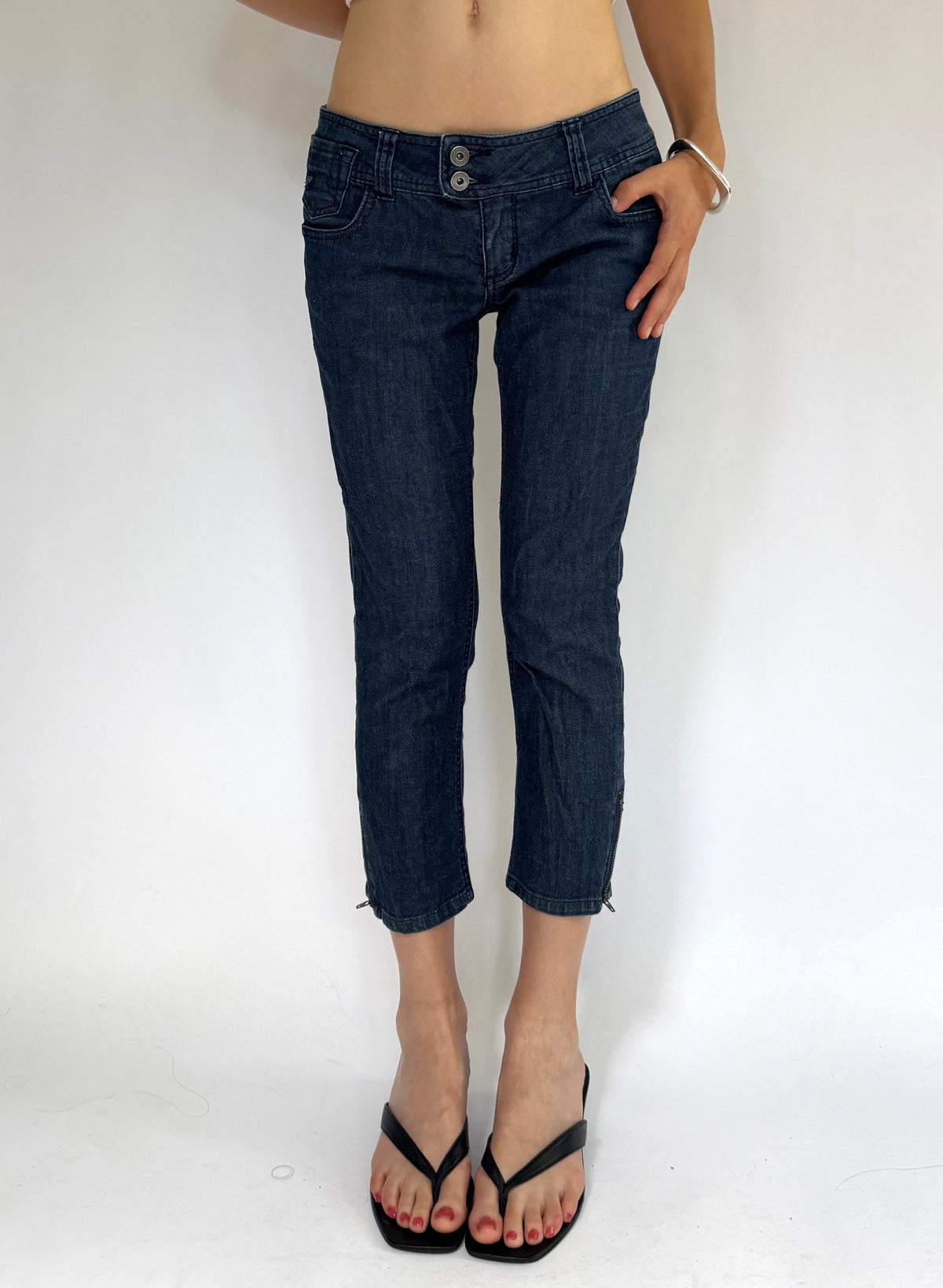 Y2K extra low rise dark wash denim capris