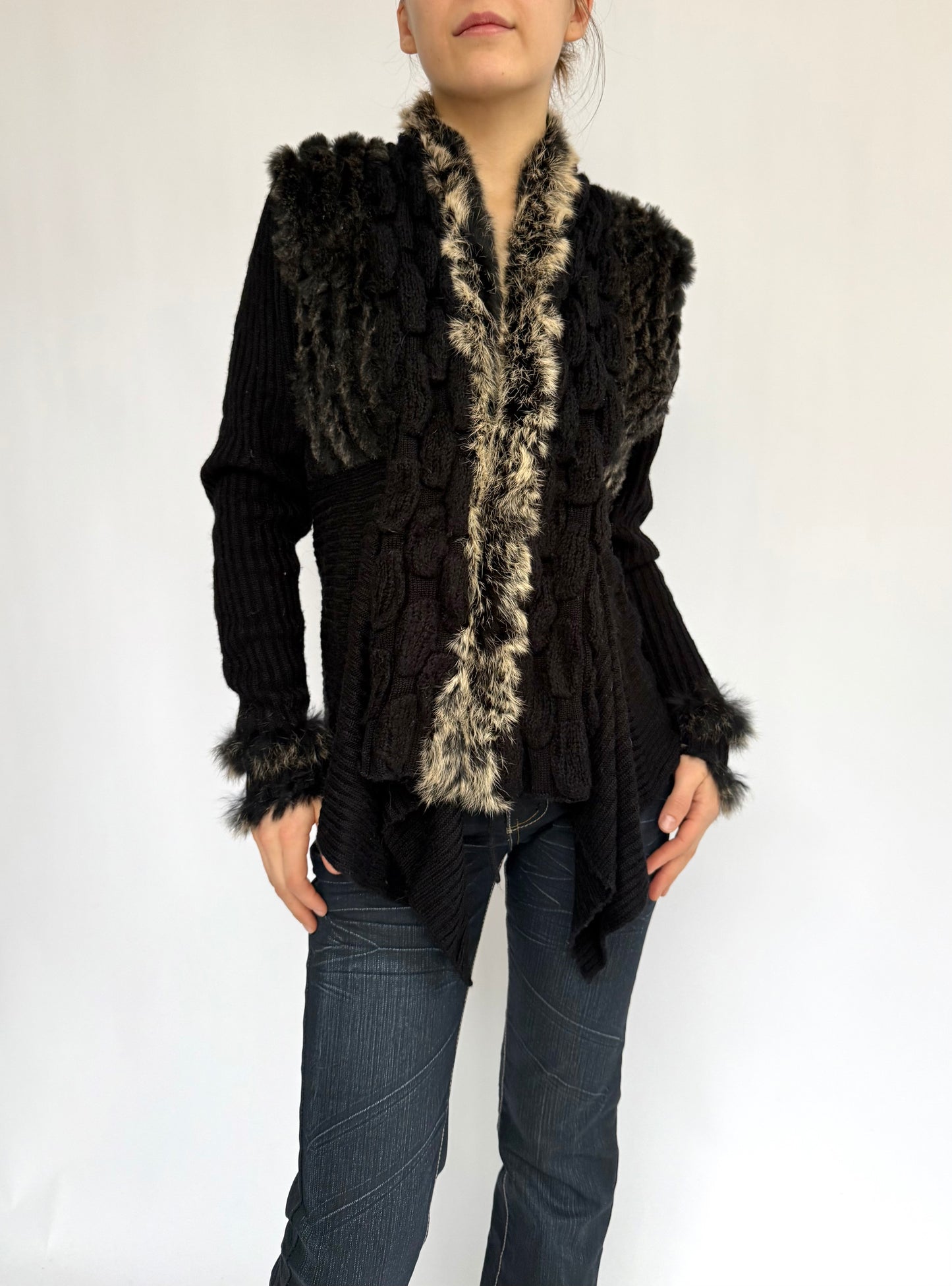 Y2K Black jacket with rabbit fur trim and ruffles