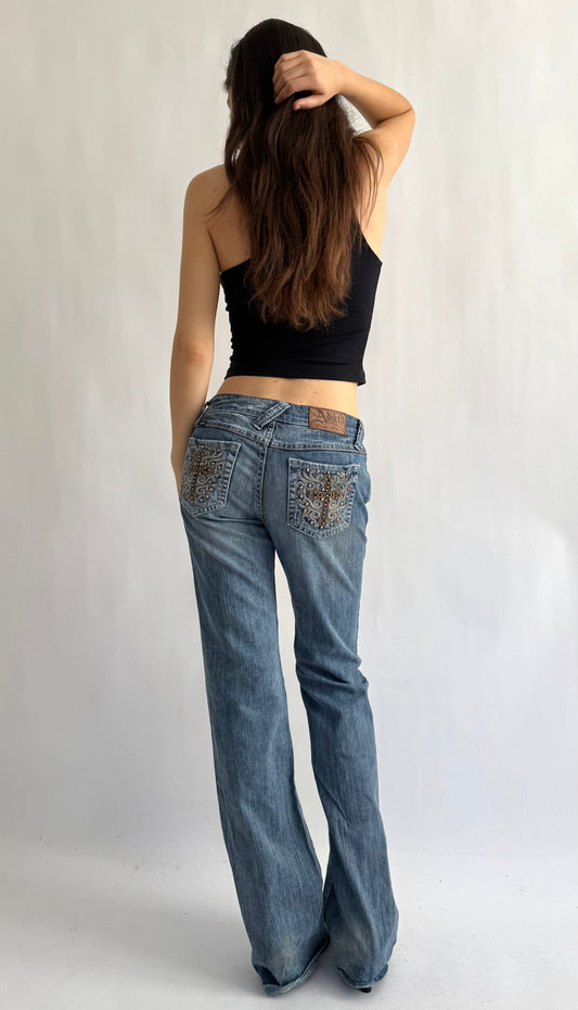 Y2K vintage low rise flared pants with back pocket details grunge core
