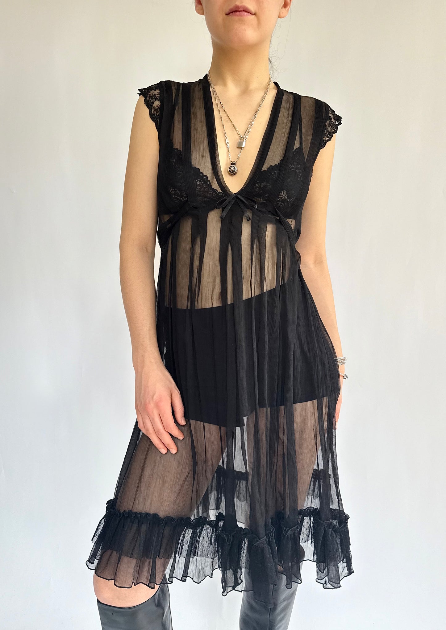 Vintage 90s Black mesh babydoll dress with ruffles and bow detail