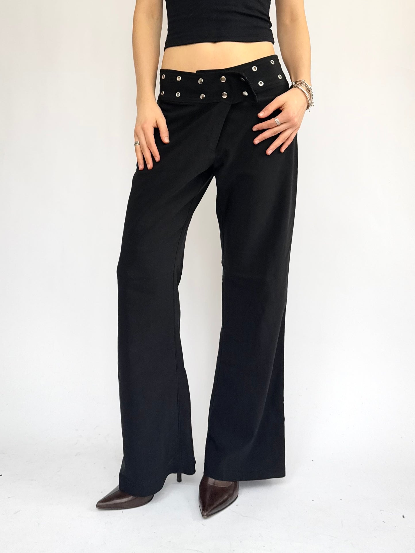 Y2K black flared studed waistband pants