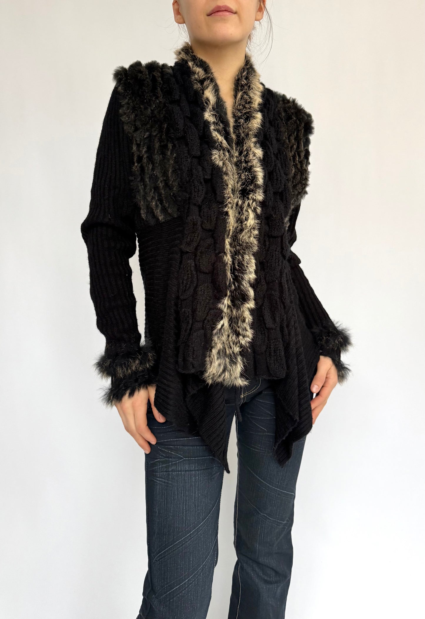 Y2K Black jacket with rabbit fur trim and ruffles