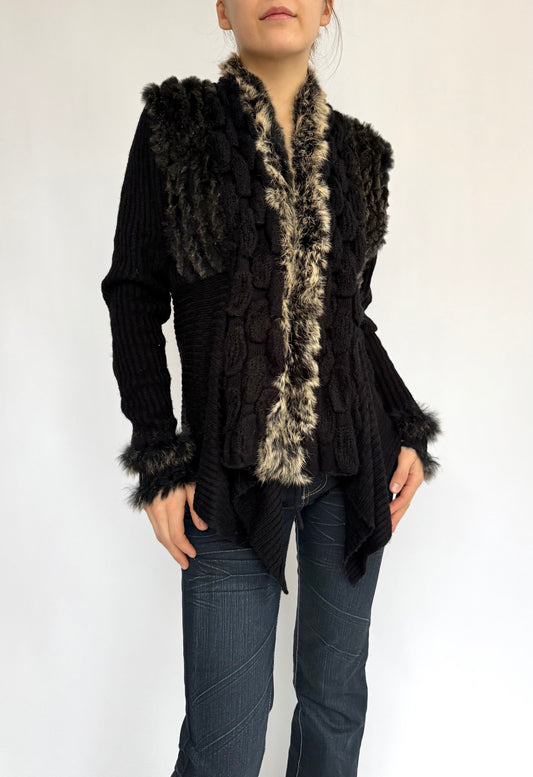 Y2K Black jacket with rabbit fur trim and ruffles