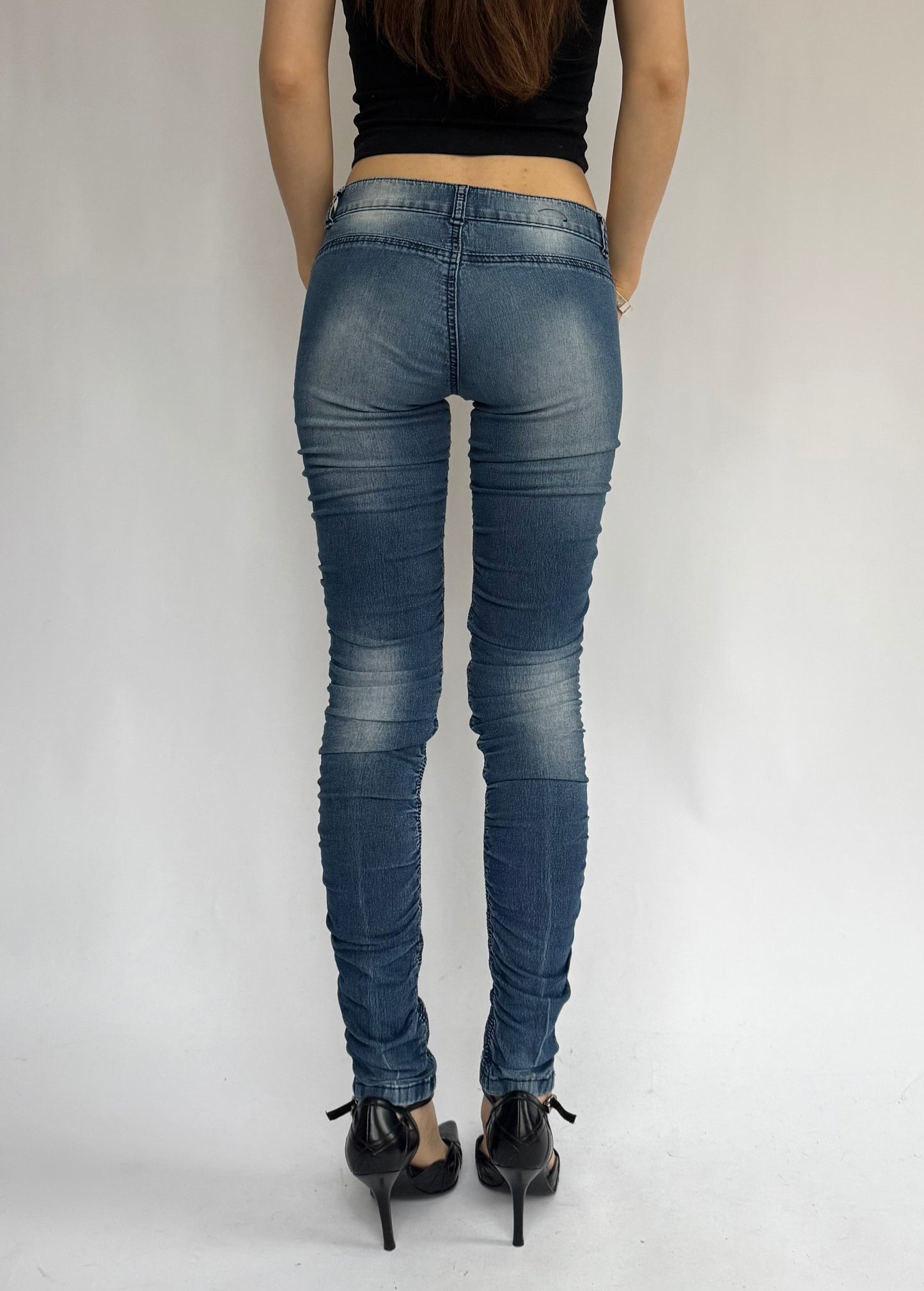 Y2K extra low rise skinny jeans with pleats by brand Bongo