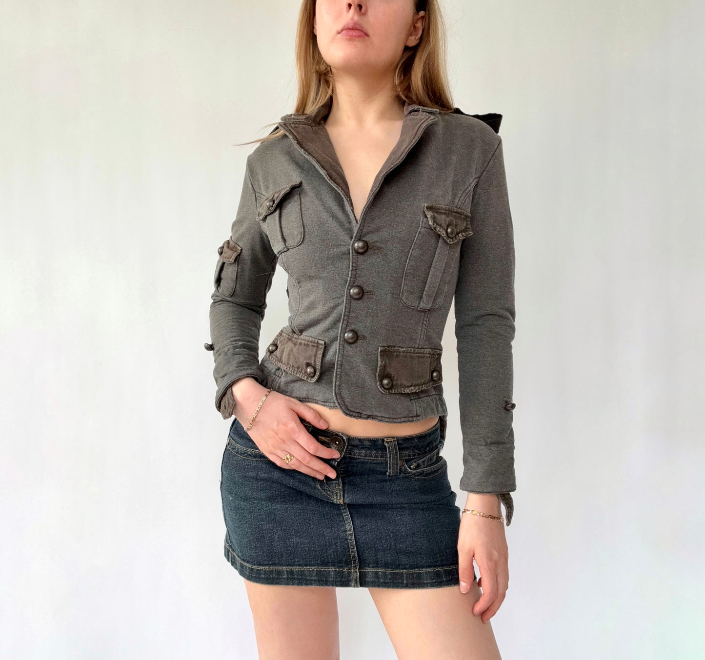 Y2K grunge Grey & khaki cargo cotton button-up jacket