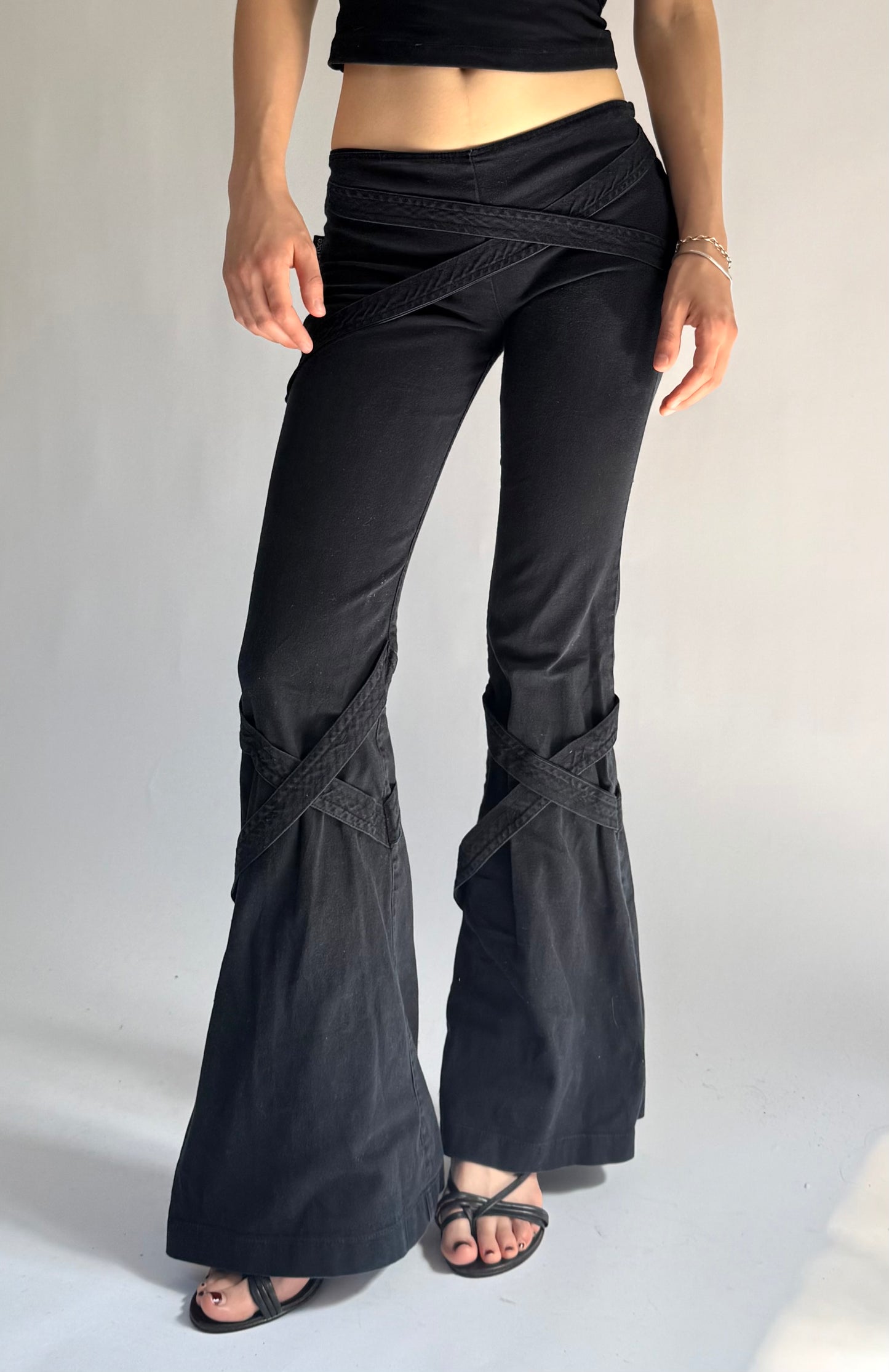 Y2K grunge core low rise flared pants with criss cross strap detailing