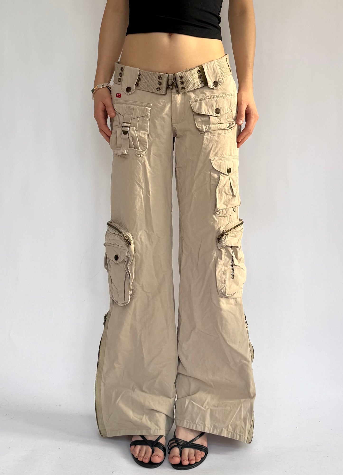 Y2K low rise beige flared cargos pants