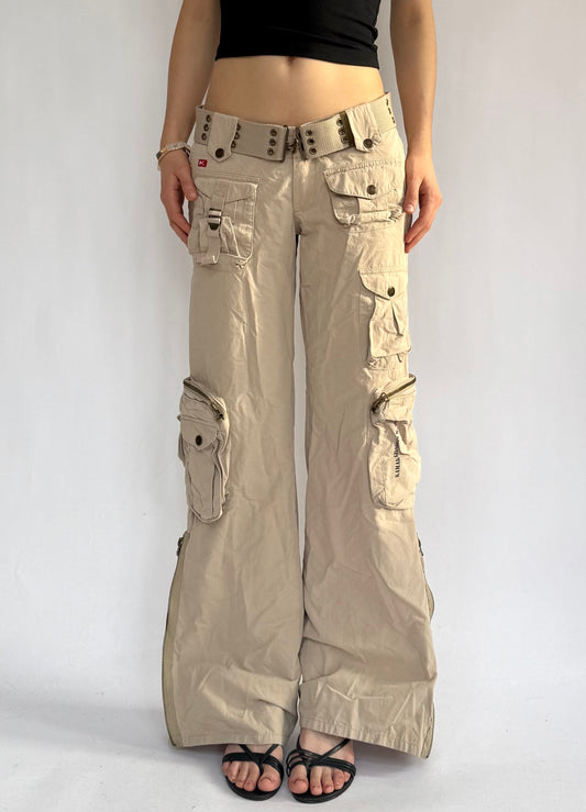Y2K low rise beige flared cargos pants