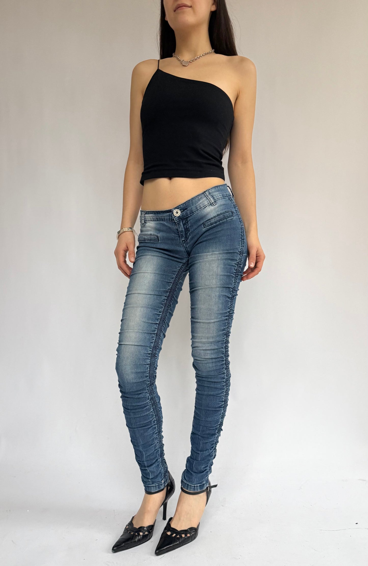 Y2K extra low rise skinny jeans with pleats by brand Bongo