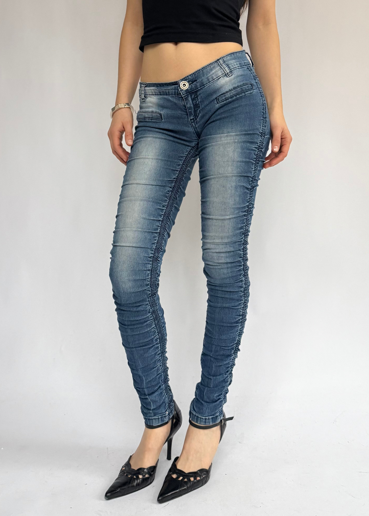 Y2K extra low rise skinny jeans with pleats by brand Bongo