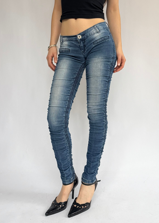 Y2K extra low rise skinny jeans with pleats by brand Bongo