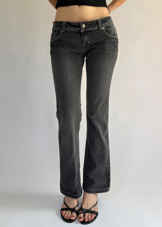 Y2K low rise flared black jeans with white stitching by FREE SOUL