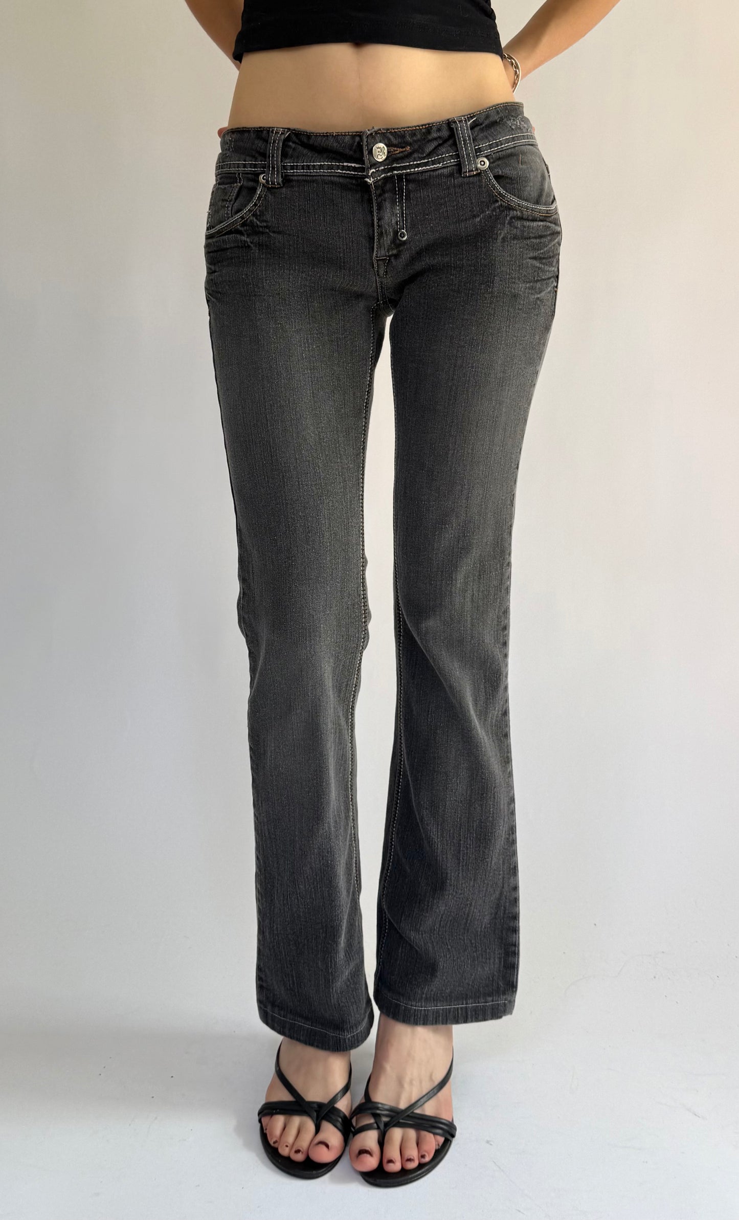 Y2K low rise flared black jeans with white stitching by FREE SOUL