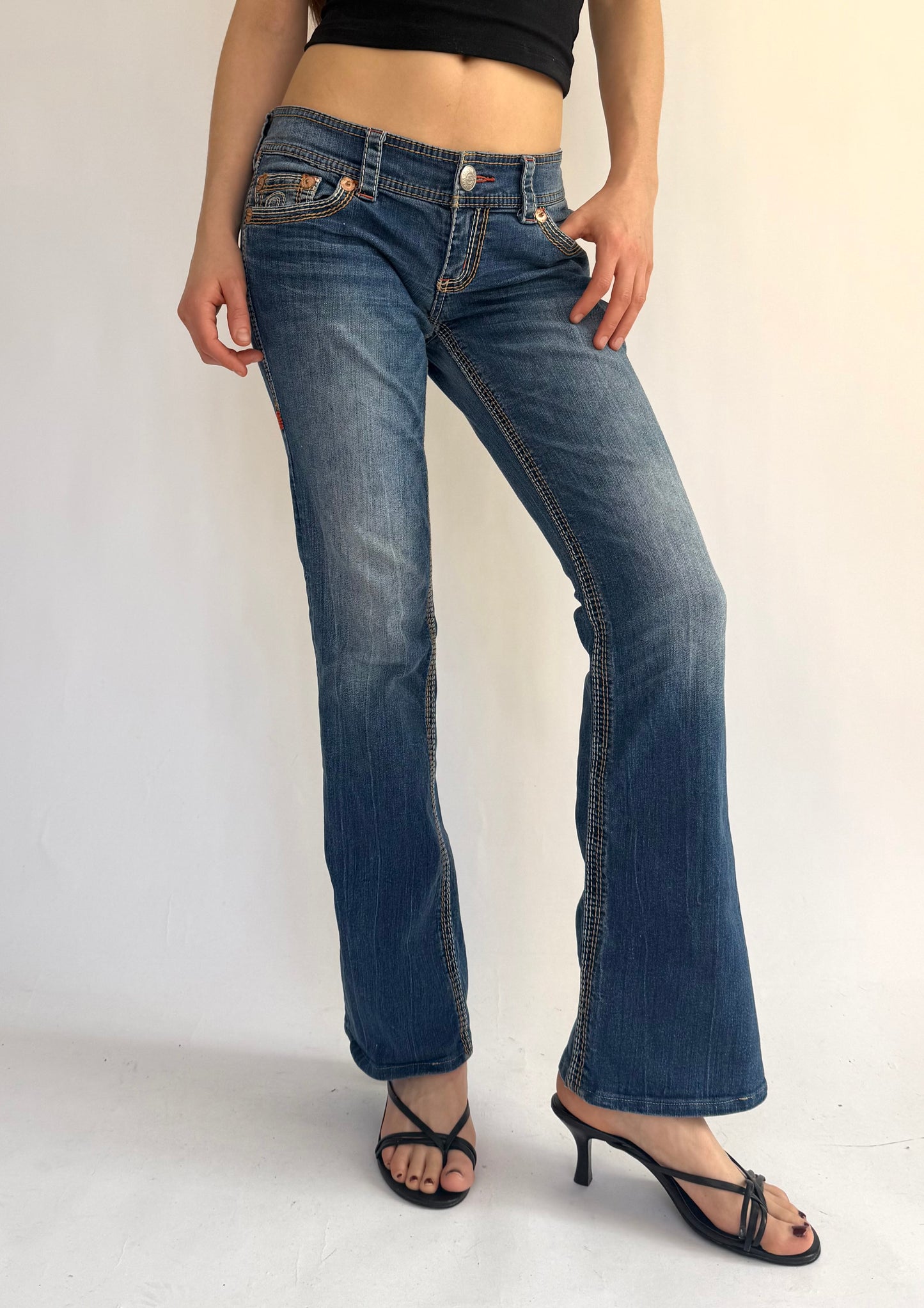 Y2K Low rise blue bootcut jeans with gold detailing